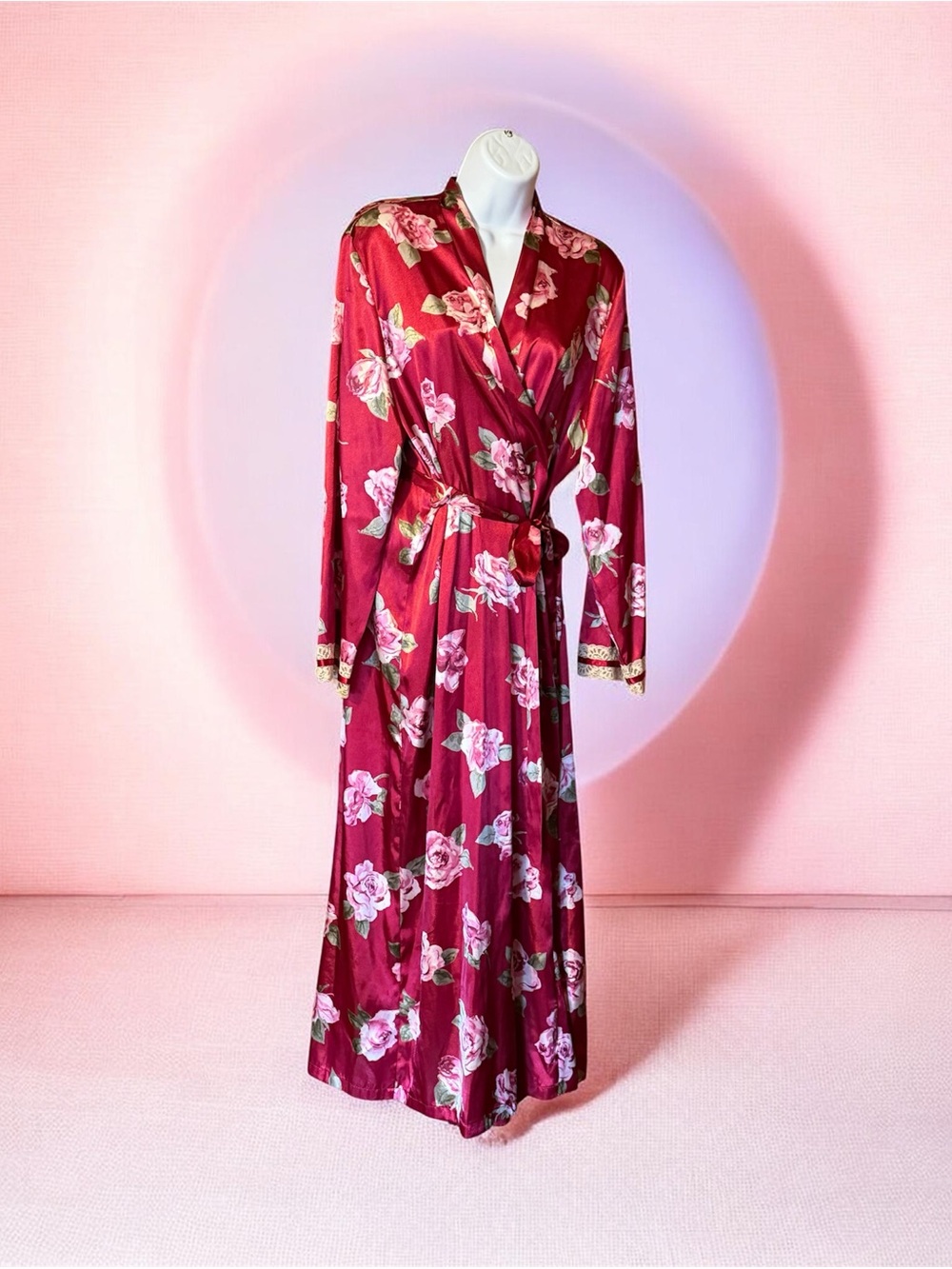 California Dynasty Floral Satin Wrap Robe - Burgundy